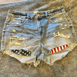Garage Blue and Red Distressed Jean Shorts